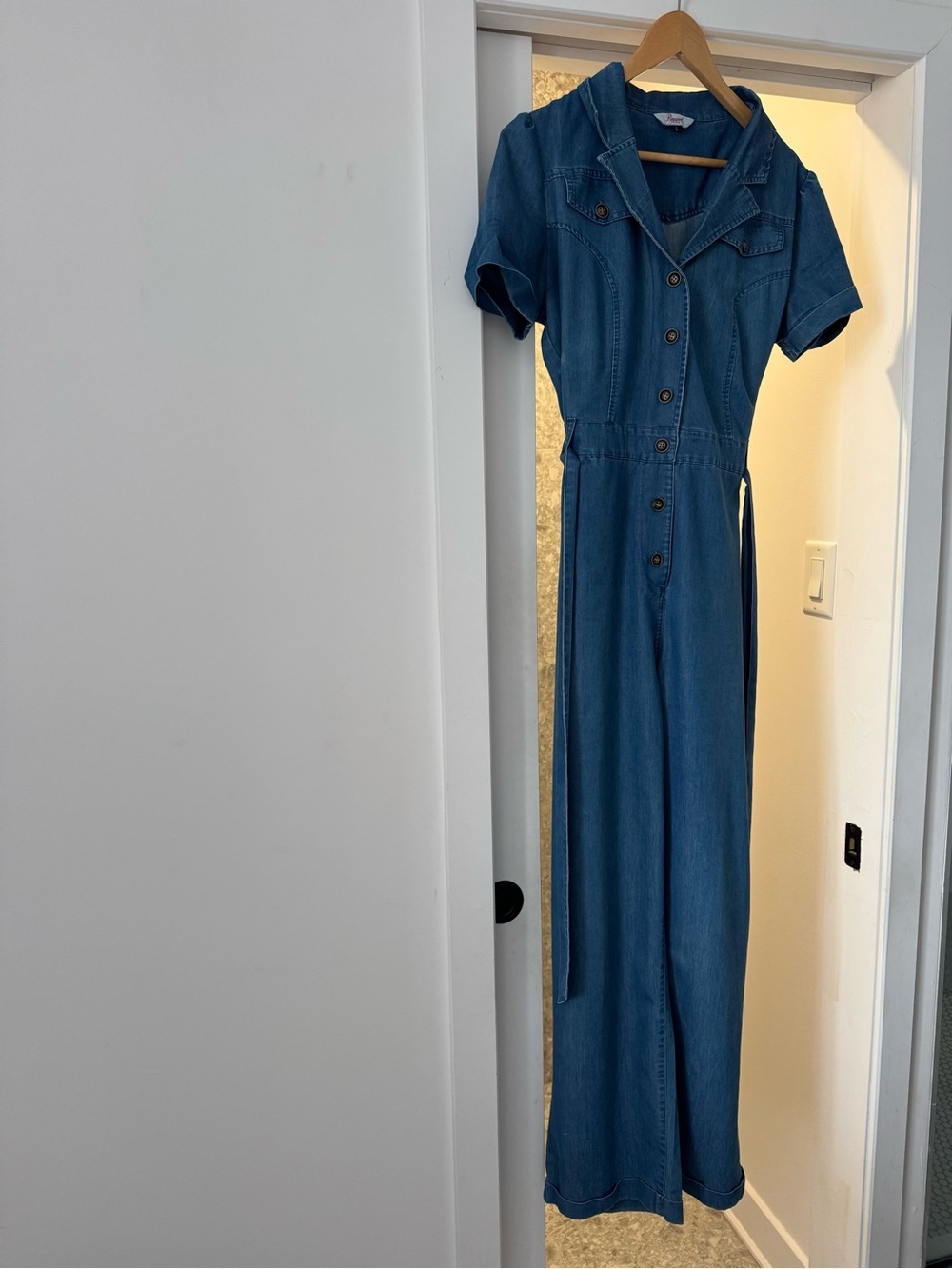 Denim Short Sleeve Button-Front Jumpsuit - Blue